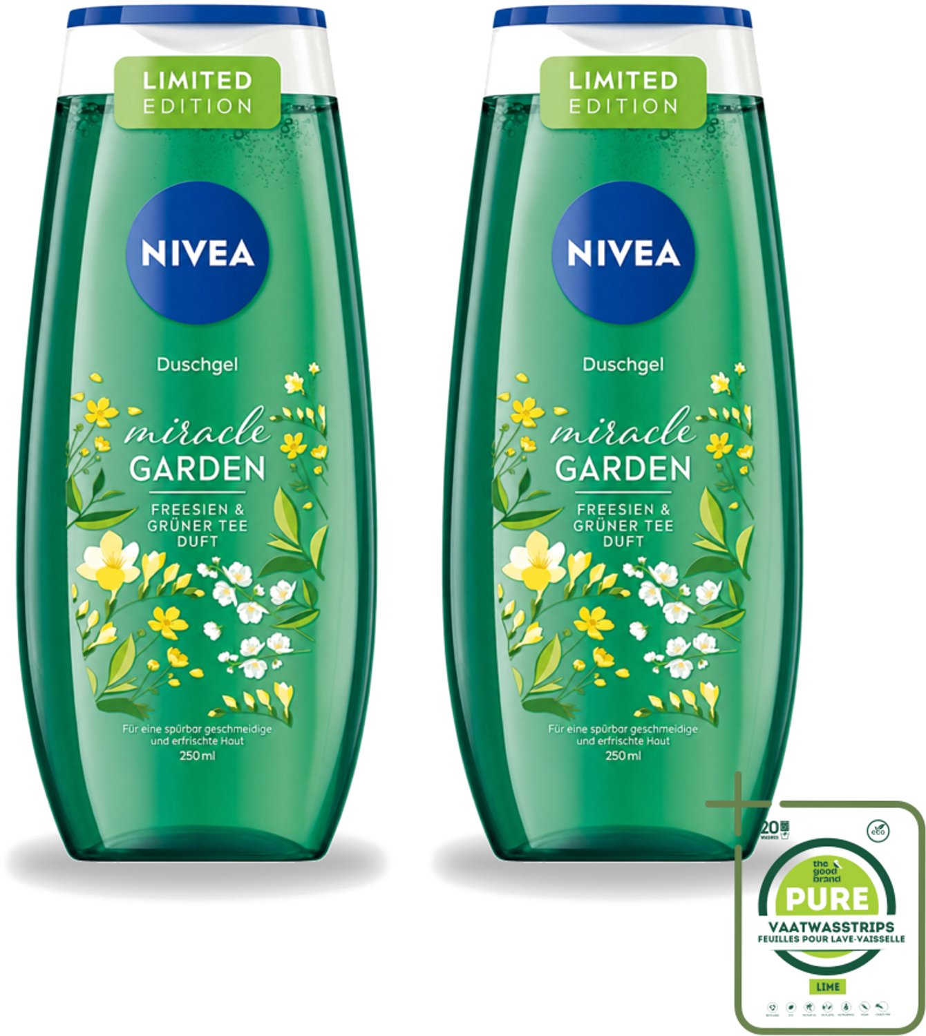 2 x Nivea - Douchegel - Freesia & Groene Thee - 250 ml - Grootverpakking - Vaatwasstrips - Douchegel - Freesia - Groene Thee - Huidverzorging - Hydraterende Douchegel