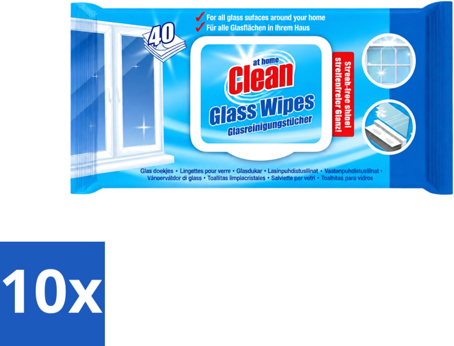 10 x At Home - Clean - Glas Reinigingsdoekjes - Reinigt Streepvrij - 40 Doekjes - Voordeelverpakking - 10 stuks