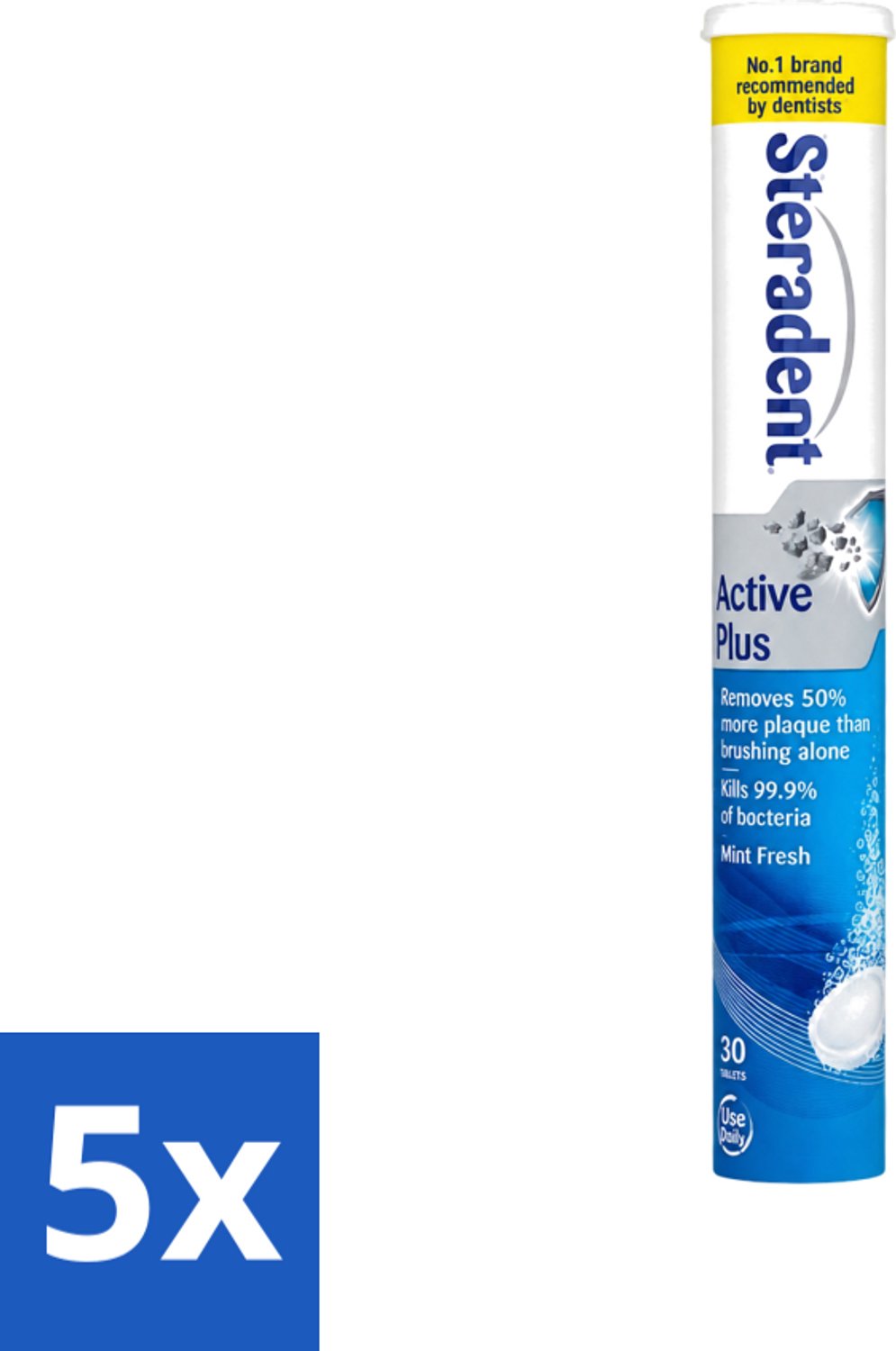 5 x Steradent - Reinigingstabletten - Active Plus - Tegen Tandsteen & Bacteriën - 30 Tabletten - Voordeelverpakking - 5 stuks