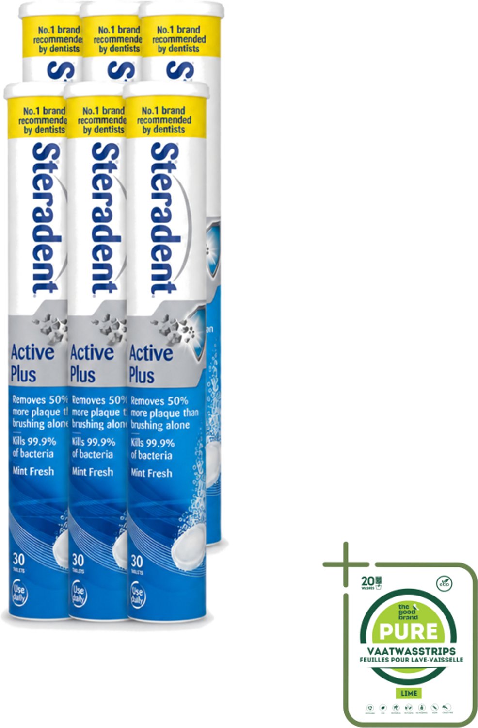 6 x Steradent - Reinigingstabletten - Active Plus - Tegen Tandsteen & Bacteriën - 30 Tabletten - Grootverpakking - Vaatwasstrips - Kunstgebit Reinigen - Tandsteen Verwijderen - Mondhygiëne - Bacteriën Doden - Adem Verfrissen