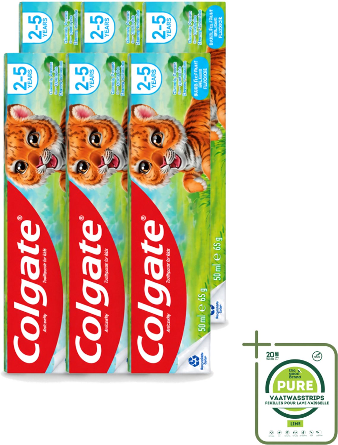 6 x Colgate - Bubble Fruit - Kindertandpasta - Voor 2 tot 5 jaar oud - 50ml - Grootverpakking - Vaatwasstrips - Kinder Tandpasta - Melktanden Beschermen - Gaatjes Voorkomen - Kinder Tanden Poetsen - Suikervrije Tandpasta