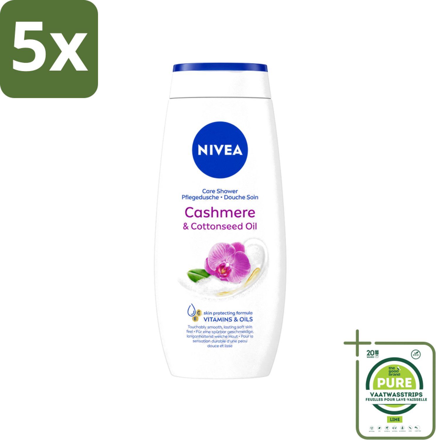 5 x Nivea - Douche Cashmere Moments - Beschermend - 250 ml - Grootverpakking - Vaatwasstrips - Douchegel Cashmere - Beschermende Douchegel - Gezonde Huid - Hydraterende Douchegel - Cashmere Geur