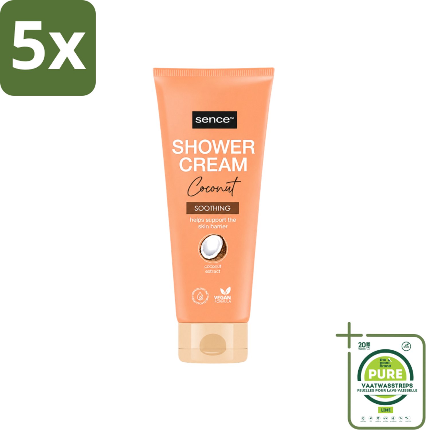 5 x Sence - Coconut - Douchecrème - Verzorgend - 200 ml - Grootverpakking - Vaatwasstrips - Douchecrème Kokos - Kokos Geur - Huid Verzorging - Droge Huid - Gevoelige Huid