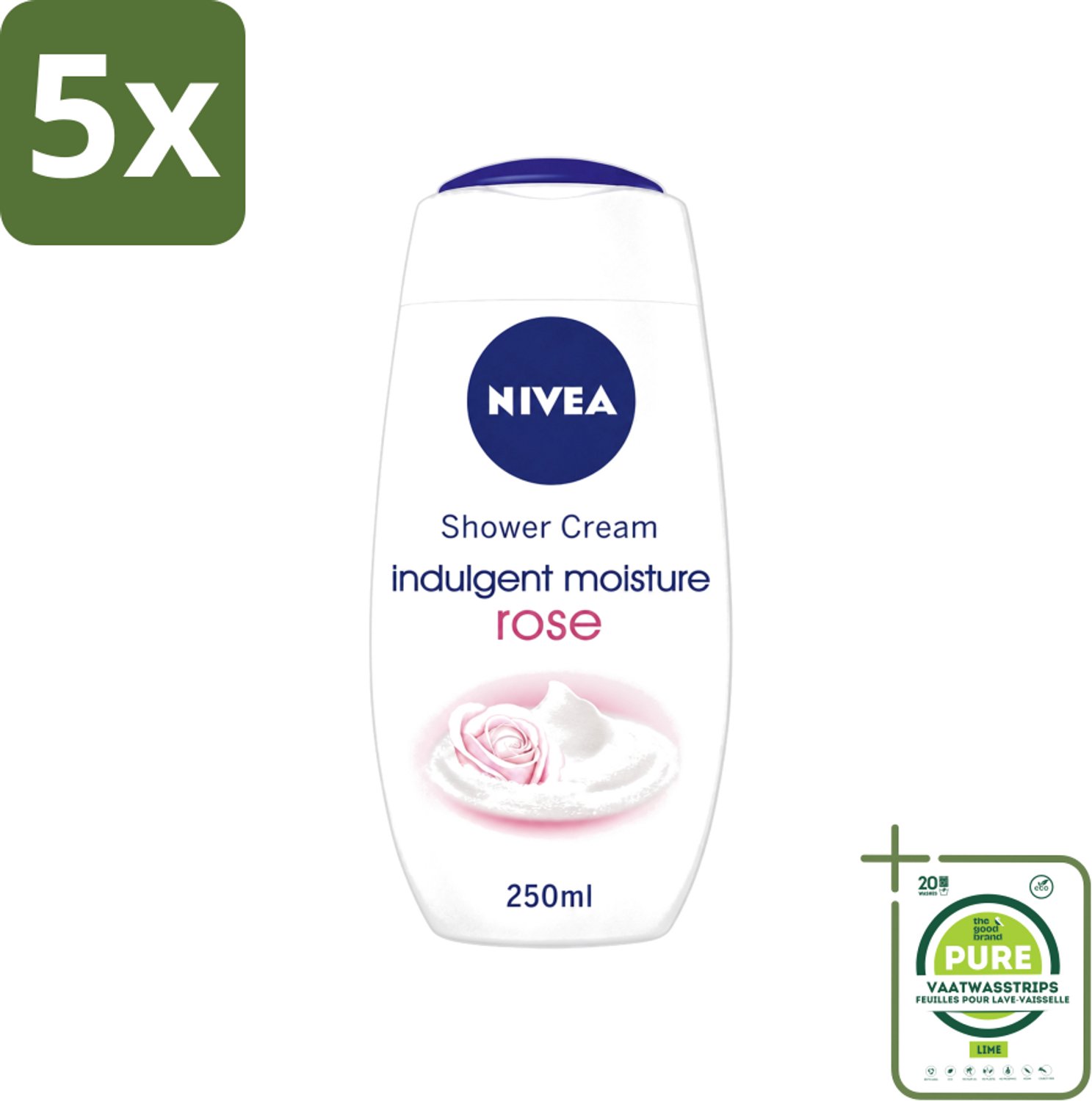 5 x Nivea - Shower Indulgent Moisture Rose Douchecrème - 250 ml - Grootverpakking - Vaatwasstrips - Douchecrème - Hydraterende Douchecrème - Amandelmelk - Rozengeur - Zachte Huid