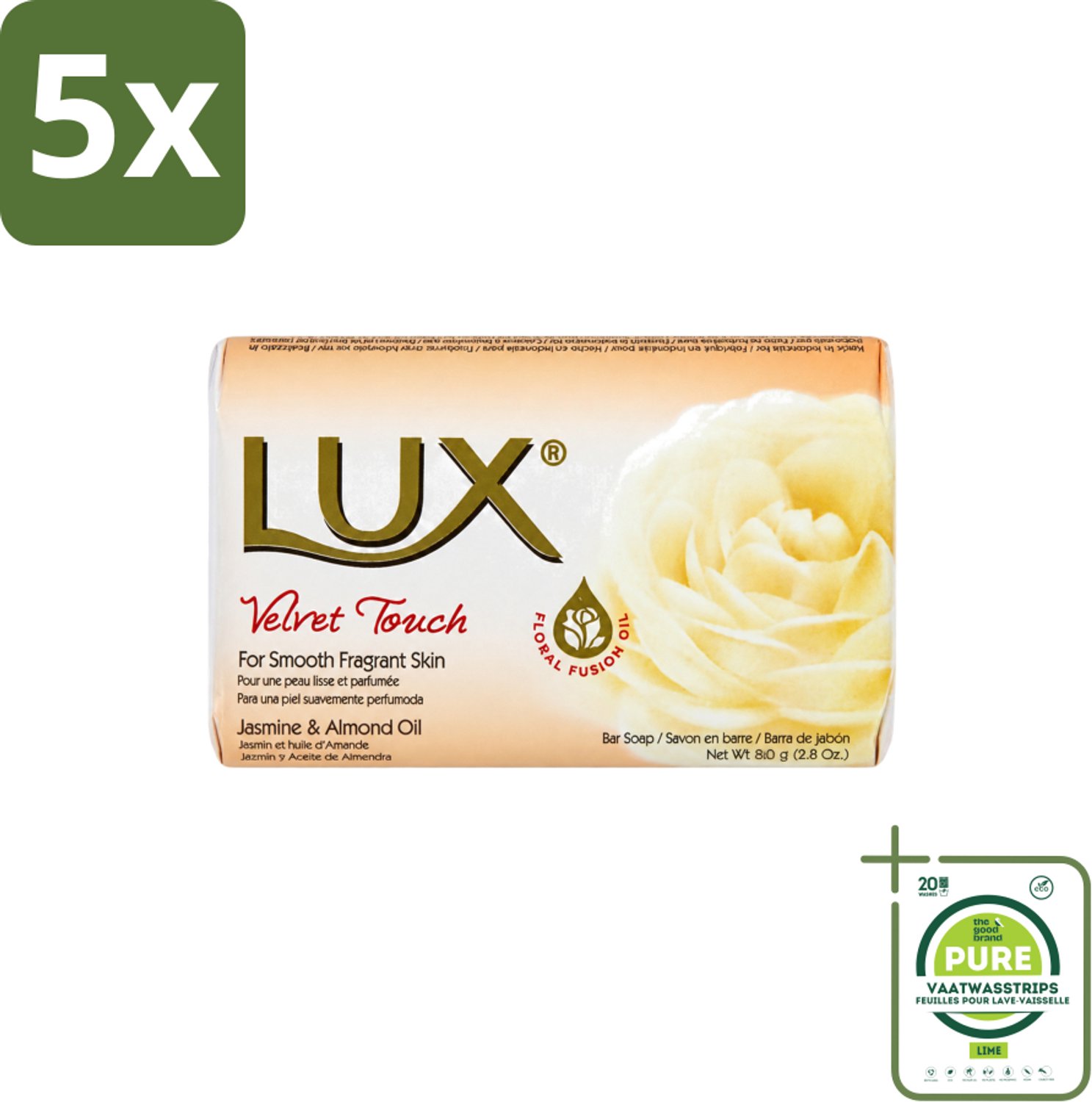 5 x Lux - Zeep - Velvet Touch - Hydraterend - Voor Geurige Huid - 80 g - Grootverpakking - Vaatwasstrips - Luxueuze Zeep - Zijdezachte Zeep - Hydraterende Zeep - Geurende Zeep - Huidverzorging
