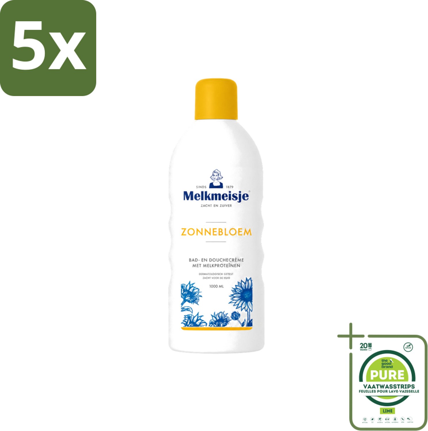 5 x Melkmeisje - Bad & Douche Zonnebloem - Romig Parfum - 1000 ml - Grootverpakking - Vaatwasstrips - Douchecrème - Melkmeisje - Zonnebloem - Huidverzorging - Melkproteïnen
