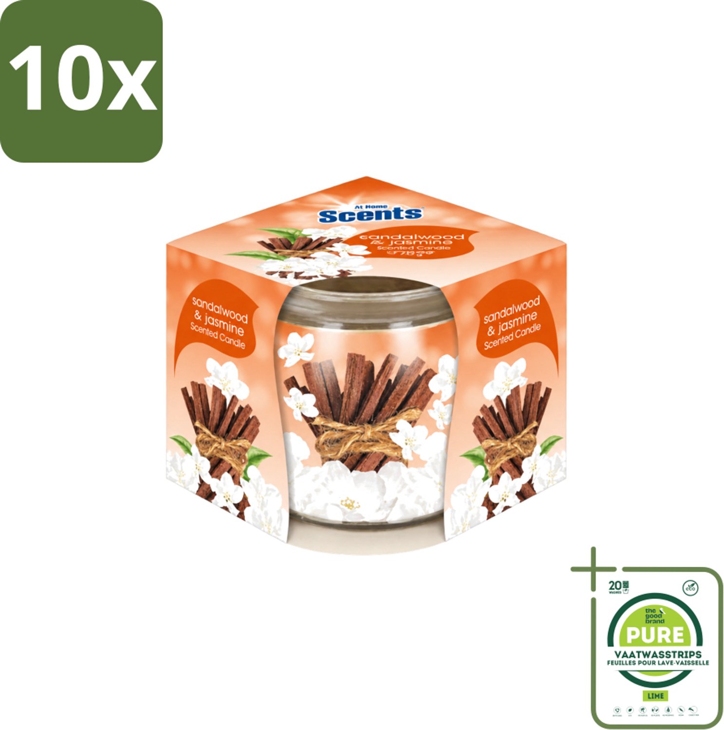 At Home 10 x At Home - Scents - Geurkaars - Sandalwood & Jasmin - 70 g - Grootverpakking - Vaatwasstrips - Geurkaars - Sandelhout - Jasmin - Geur - Rustgevende Geur Bruin