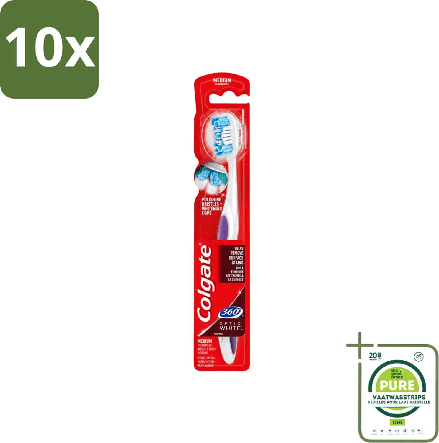 10 x Colgate - Tandenborstel - 360 Optic White Medium- Wit - 1 Tandenborstel - Grootverpakking - Vaatwasstrips - Tandenborstel - Tanden Reinigen - Wittere Tanden - Mondverzorging - Tong Reinigen