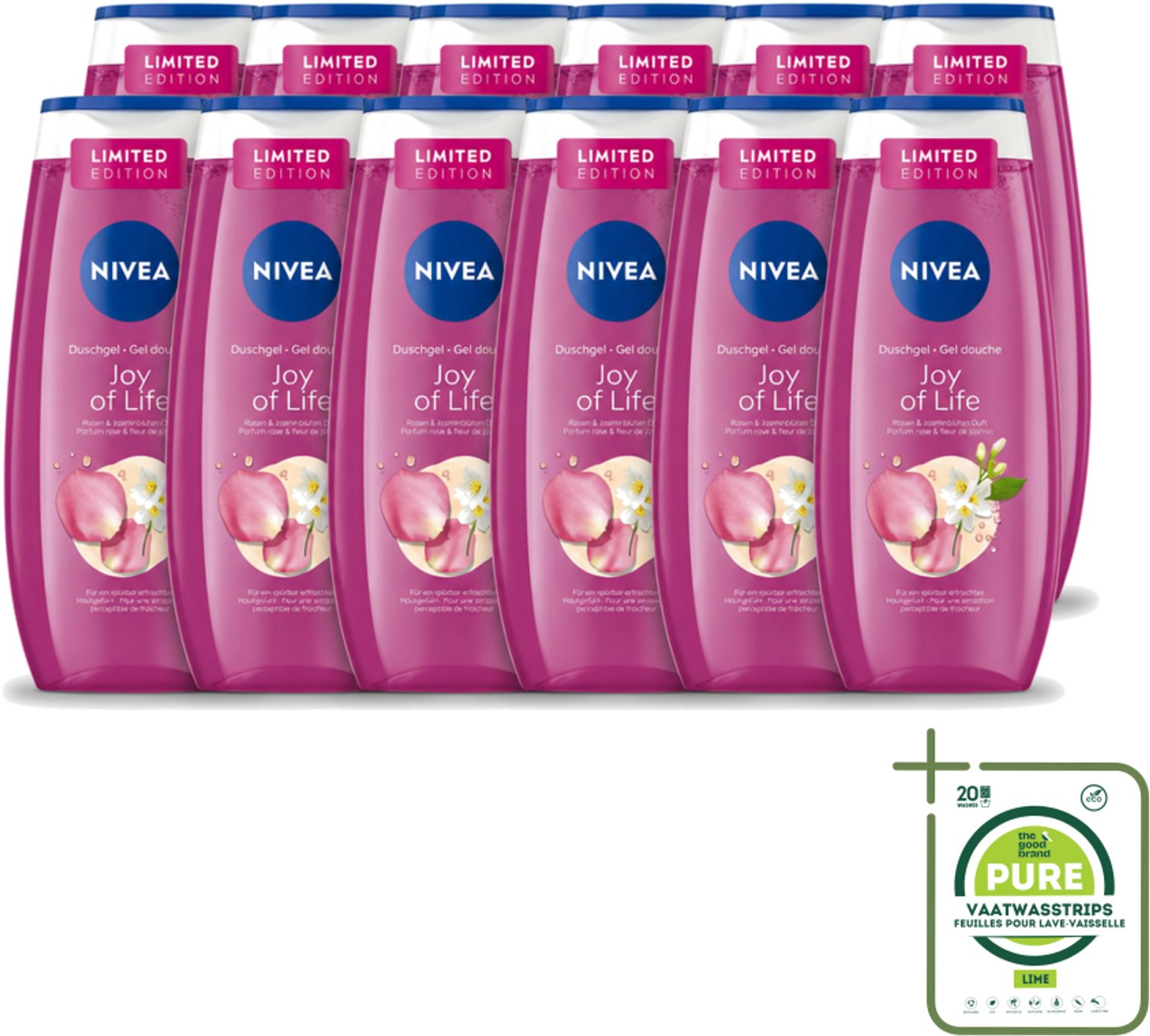 12 x Nivea - Douchegel - Joy of Life - Verfrissend Effect - 250 ml - Grootverpakking - Vaatwasstrips - Douchegel - Frisse Geur - Rozen - Jasmijn - Huidverzorging