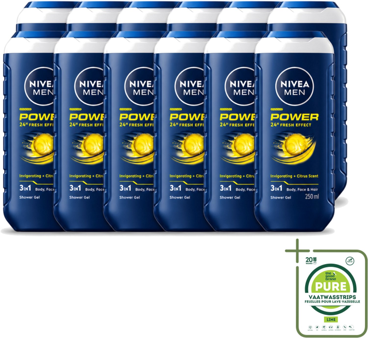 12 x Nivea - Men - Douchegel - Power Refresh - 250 ml - Grootverpakking - Vaatwasstrips - Douchegel Voor Mannen - 3-in-1 Douchegel - Verfrissende Geur - PH-huidneutraal - Gezicht En Haar Verzorging