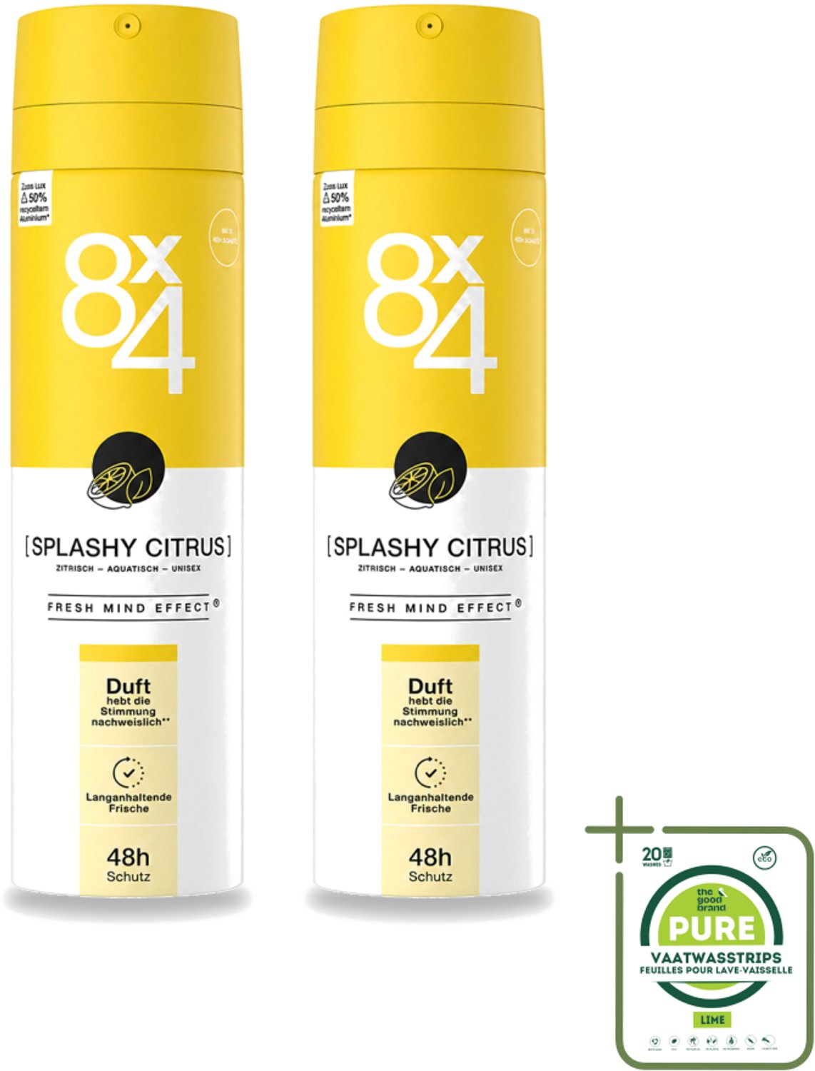 2 x 8 x 4 Deospray - Splashy Citrus - Deodorant - Citrusgeur - 150 ml - Grootverpakking - Vaatwasstrips - Citrusgeur - Deodorant - Citrus - Zweetvermindering - Frisheid