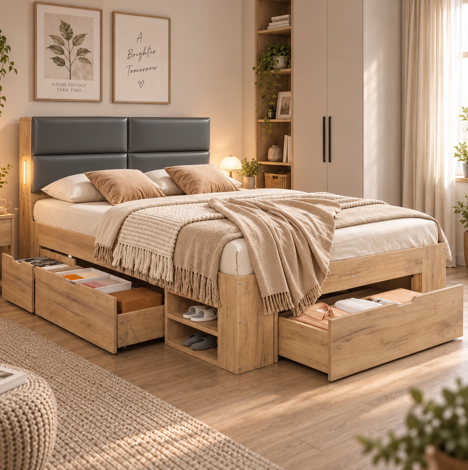 COVREO Opbergbed met lades – 140x200 cm – Bedframe met PU-hoofdbord en USB-C – voor tienerkamer – Naturel - zonder matras