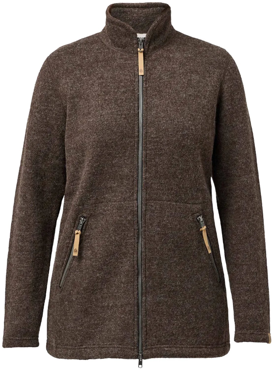 Ivanhoe dames wollen full-zip vest NLS Twig Long Chocolate 100% ongeverfde wol Bruin