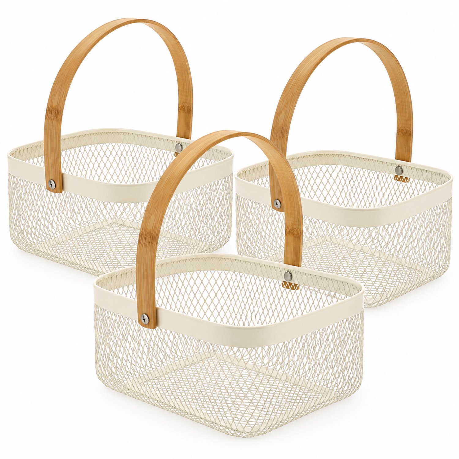 Opbergmanden Set van 3 - ca. 4L per Mand - Metalen Draadmanden met Bamboe Handvat - Fruitmand, Cadeaumand en Organizer voor Keuken, Badkamer, Woonkamer en Kantoor