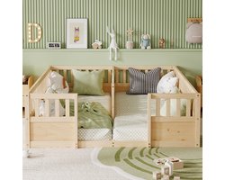 Dubbel Grondbed 2x90x200 cm - Voor 2 Kinderen - Open Instap - Met Halfgesloten Hoge Veiligheidshekken - Van Grenenhout - Natuur