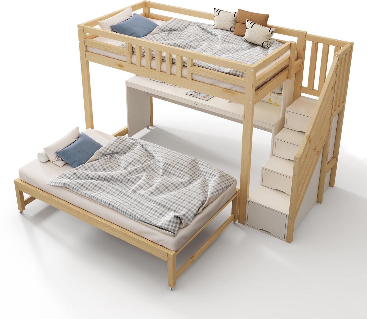 Welltin Kinderhoogslaper met bureau - Uitschuifbed - Opbergtrap - Verrijdbaar bureau - 90x200 en 90x190 cm - Wit en eikenkleur Eiken, wit