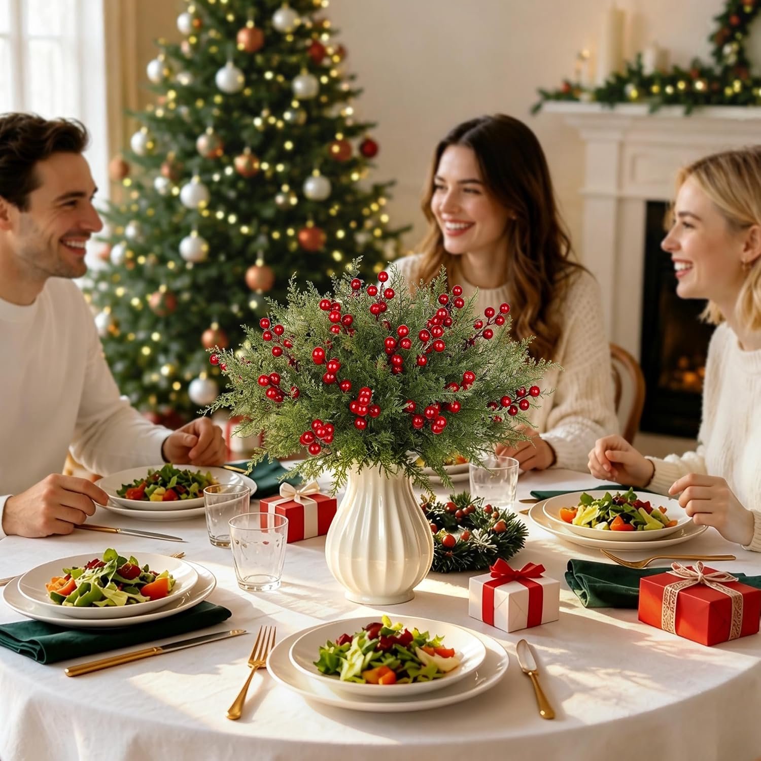 Kunst Kersttakken met Rode Bessen - 6 Stuks Groene Dennentakken met Flexibele Stelen - Voor Kerstboom, Kerstkrans, Schoorsteenmantel en Tafeldecoratie – foto 5