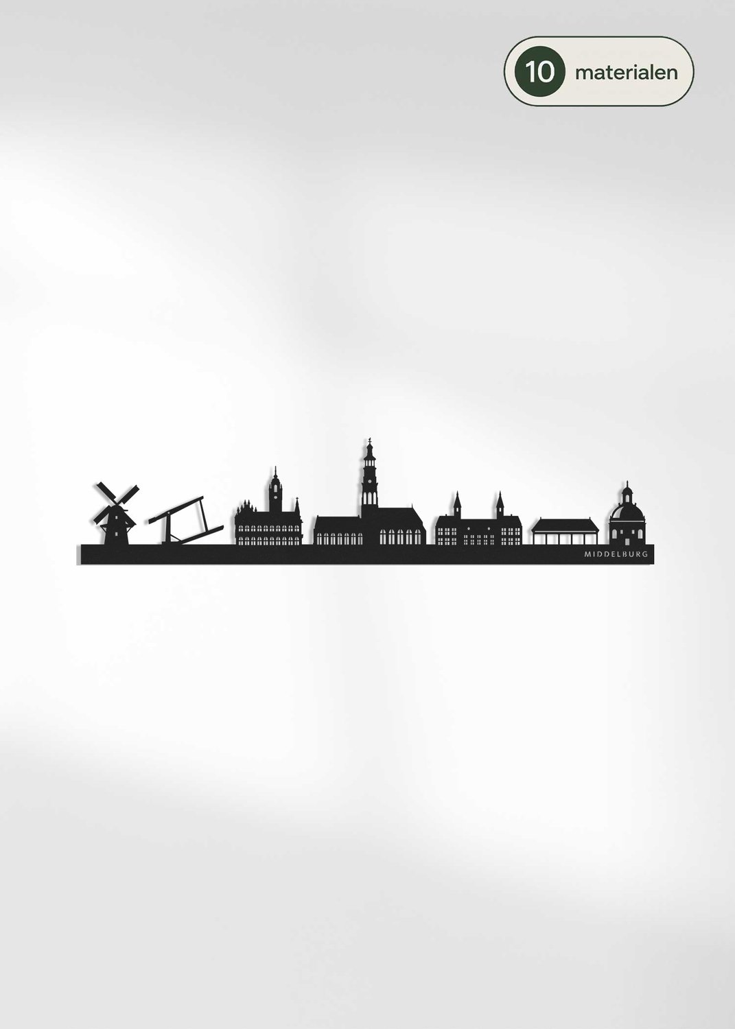 Houten Skyline Middelburg | Wanddecoratie voor aan de muur | Zwart MDF | 70 x 13 cm