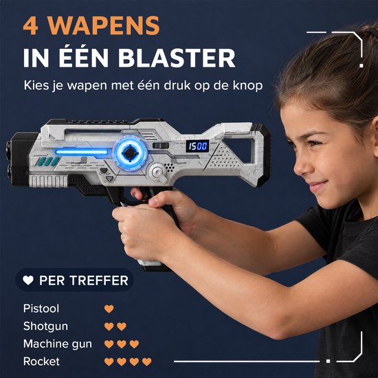 Kind richt met een wit-zwarte lasergame blaster met digitaal display en instelbare wapenmodus.
