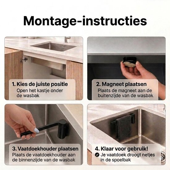Stappenplan voor montage: magneet plaatsen en vaatdoekhouder bevestigen voor een opgeruimde spoelbak.