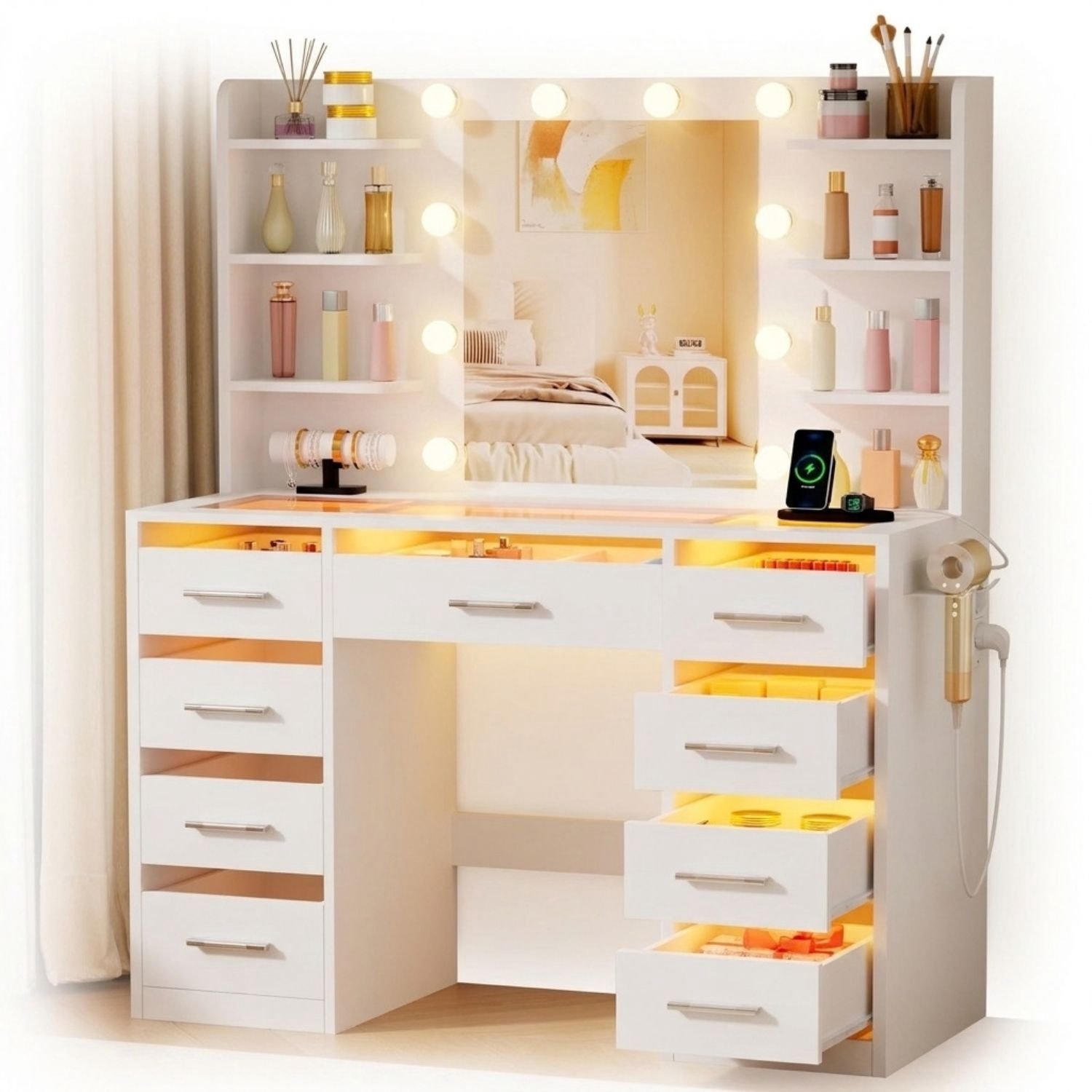 ApexArte® Make Up Tafel met Spiegel - Kaptafel voor Meisjes - Hollywood Spiegel met Verlichting-105x40x140cm