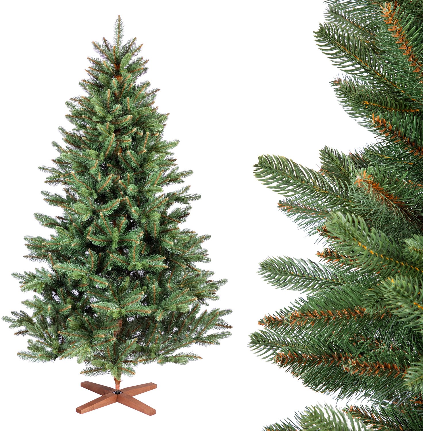 FAIRYTREES Kunstkerstboom 180 cm met PE-takken, Donkergroen, Nordmann-spar Handgemaakt in Europa, Testwinnaar, Kleine en Realistische Kerstboom met Houten Standaard, Model FT29