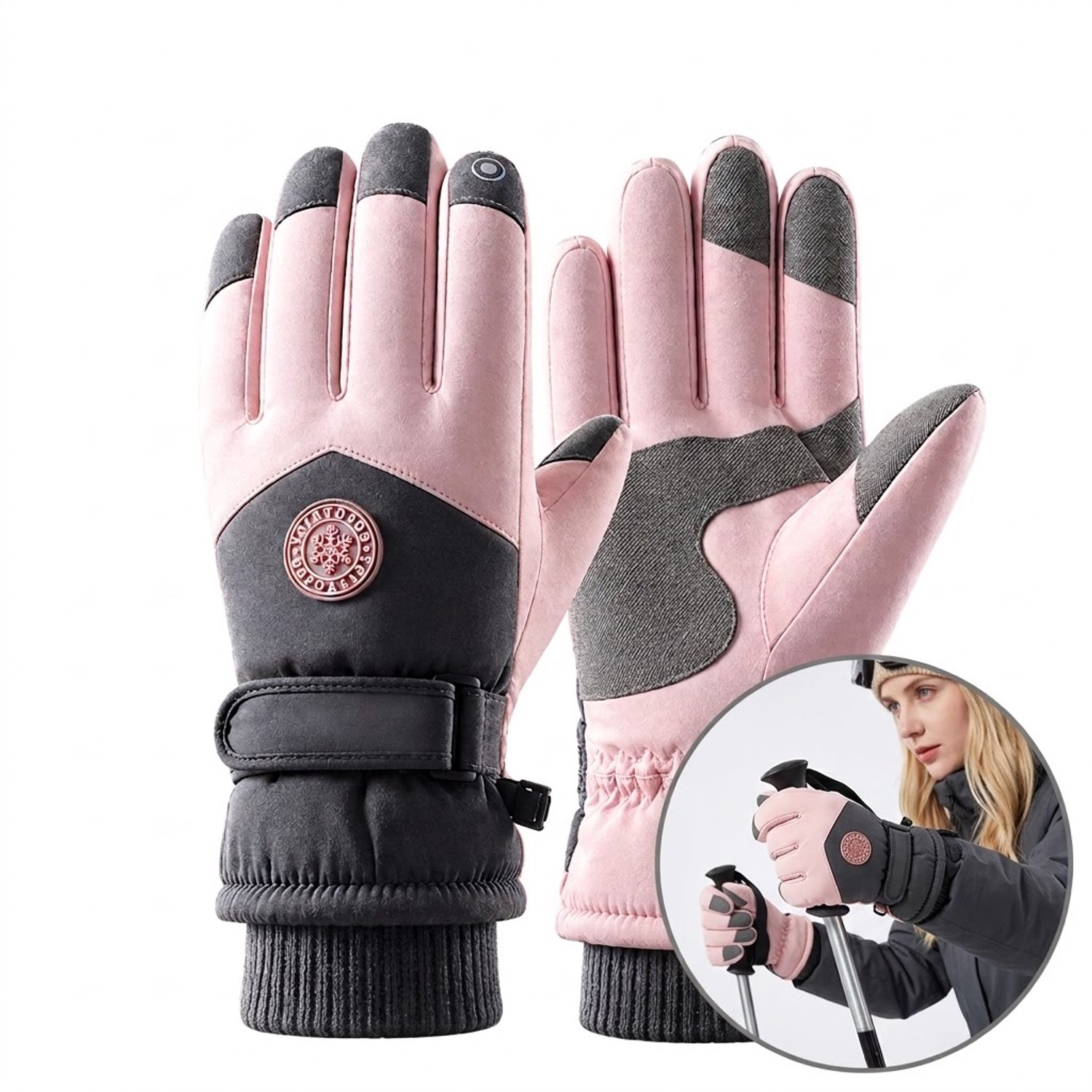 Winterhandschoenen Dames – Warme Touchscreen Handschoenen – Antislip Winddicht en Waterafstotend – Verstelbare Polsband – voor Fietsen Wandelen en Wintersport Grijs