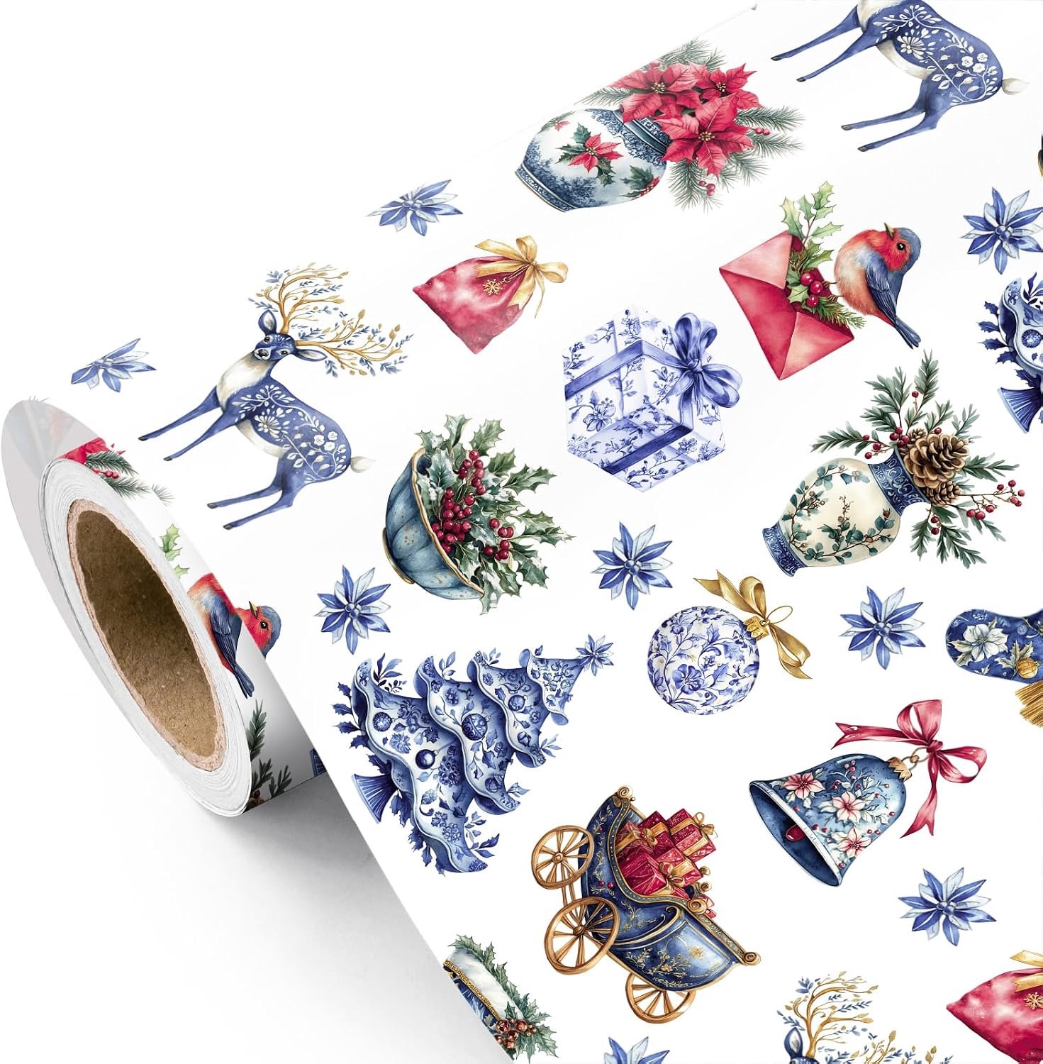 Inpakpapier Mini Roll 43,2 cm x 5 m - Blauw en Wit Chinoiserie - Rendier en Boom Ontwerp - ServiceTopper