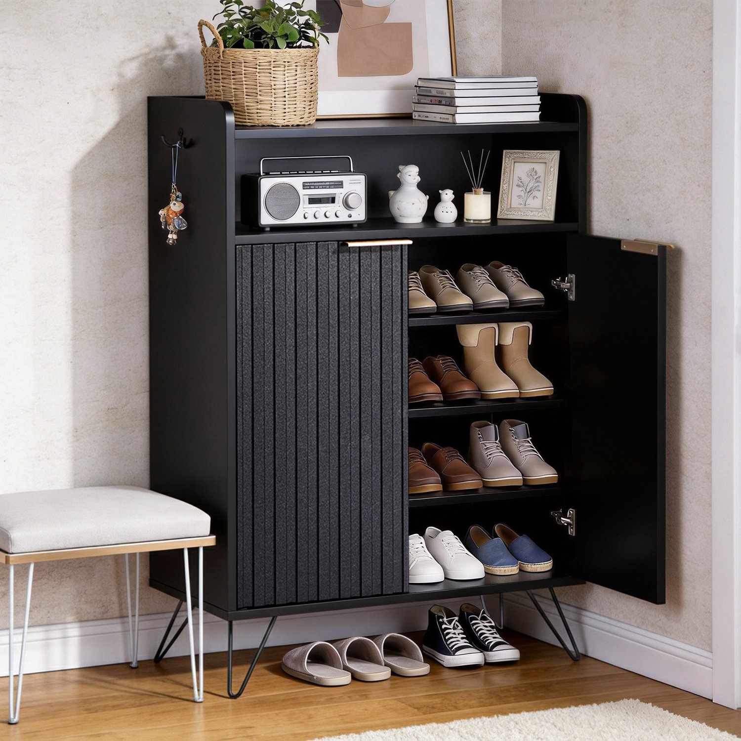LEADZM Schoenenkast met 2 deuren - Zwart - 68 x 40 x 106 cm - met haken, hoge poten