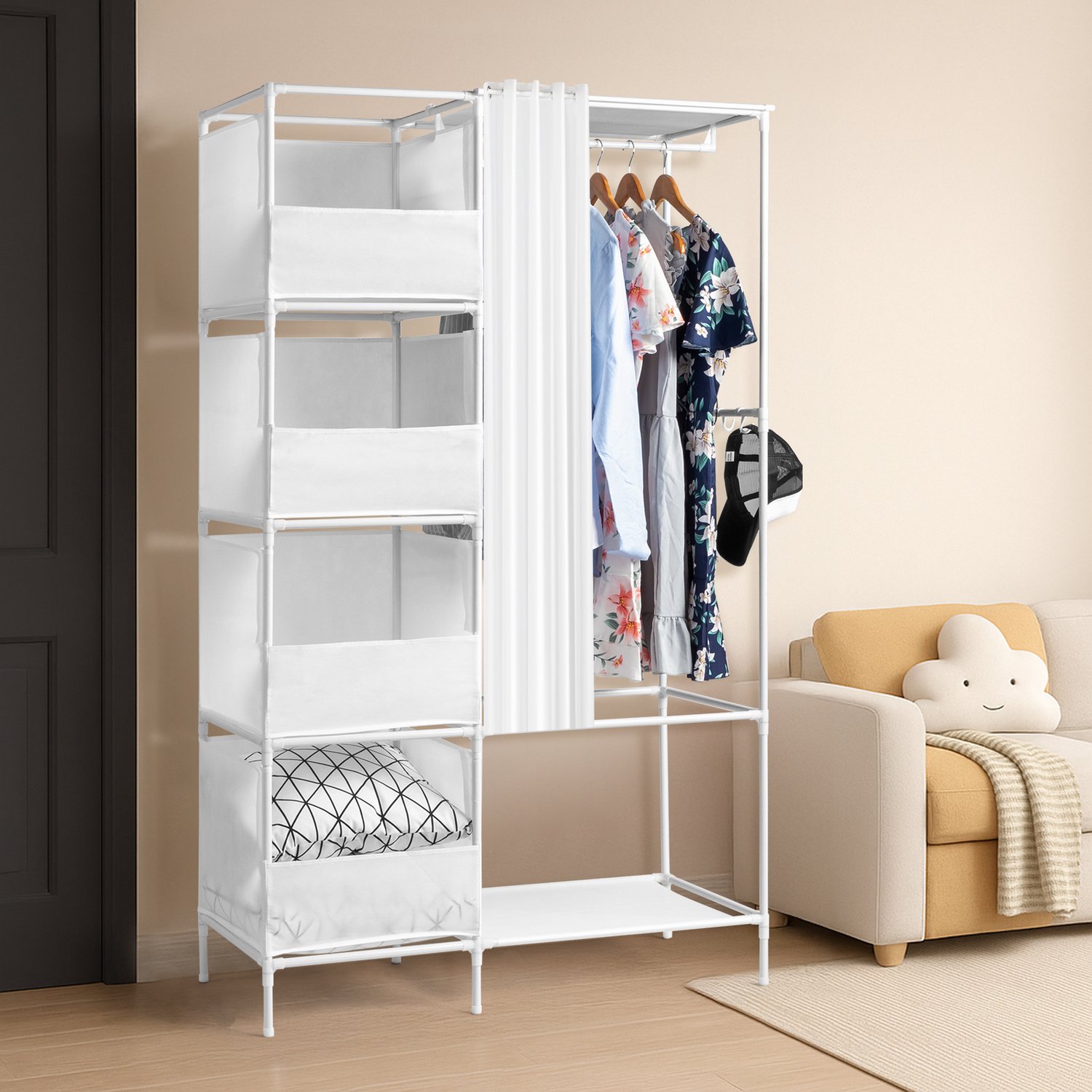 LEADZM Kledingkast - Wit - 105 x 45 x 170 cm - met gordijn en 4 opbergvakken