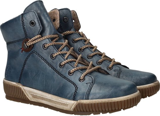 Blauwe leren veterboots voor dames met een bruine zool, beige tussenzool en bruine veters.