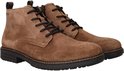 Paar bruine Rieker-bottines van suède met vetersluiting en ritssluiting aan de zijkant.