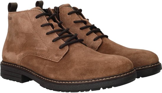 Paar bruine Rieker-bottines van suède met vetersluiting en ritssluiting aan de zijkant.