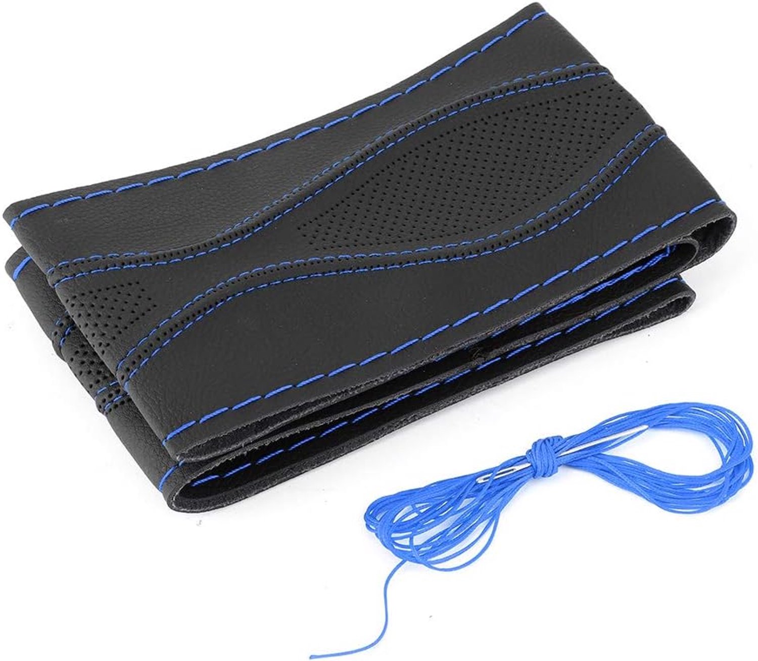 Stuurwielhoes 38cm/15in - lederen wrap zwart blauw - verbeterd comfort - doe-het-zelf project - Vemera