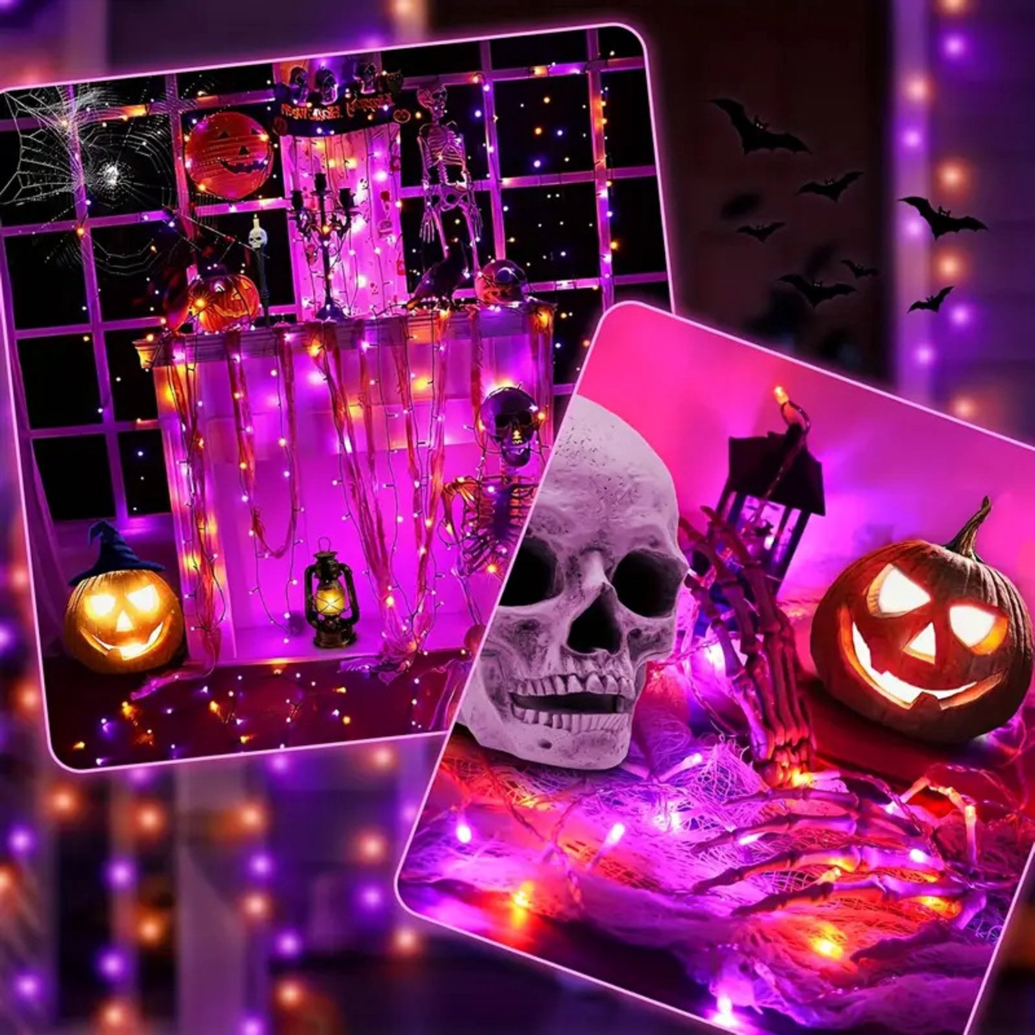 200 LED Halloween-kerstlampjes voor buiten, oranje en paarse kerstboomverlichting, waterdichte knipperende lampjes, groene draad aansluitbaar op lichtsnoeren, 8 decoratiemodi voor binnen – foto 2
