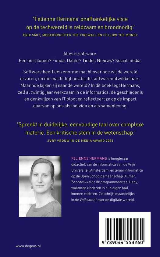 Achterflap van het boek 'Vierkante ogen' met een zwart-wit portret van Felienne Hermans en tekst over de impact van software.
