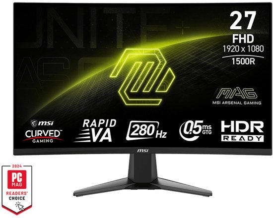 27-inch MSI curved gaming-monitor met 280Hz, 0,5ms responstijd, Full HD-resolutie en PC Mag 2024 onderscheiding.