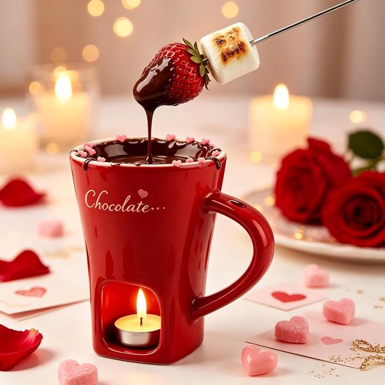 Chocolade Fondue Set - Keramische Chocolade Fondue Mok - Perfect Smelten & Warmhouden - Mini Chocoladefondue met Vorkjes - Inclusief Vork - Compact 130ml - Voor Dessert Fruit Kaas - Mini Fondue Beker Chocoladepot - Rode — cadeau in Kookcadeaus - foto 3