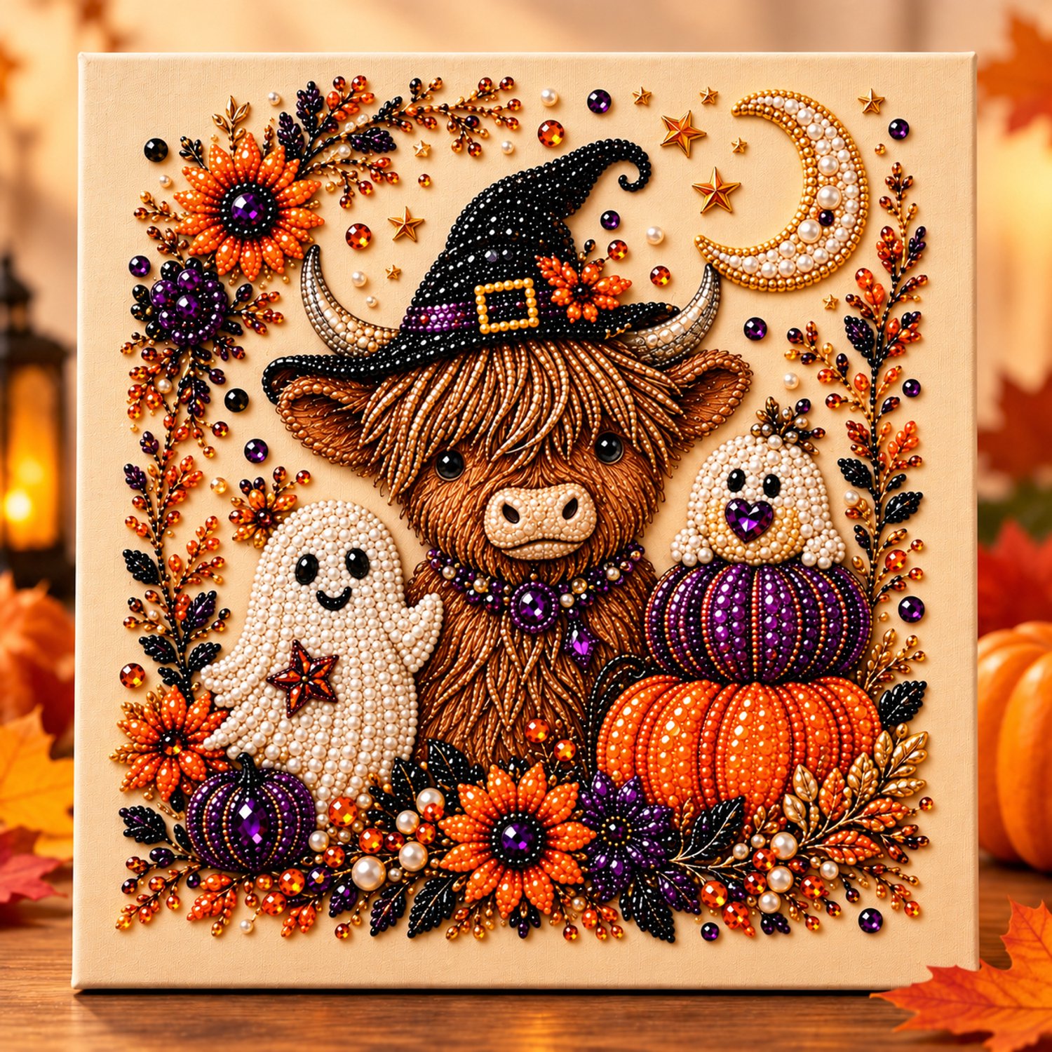 PulseOne Halloween Schotse Hooglander Diamond Painting - DIY Knutselpakket voor Volwassenen - Creatieve Hobby - Herfstdecoratie