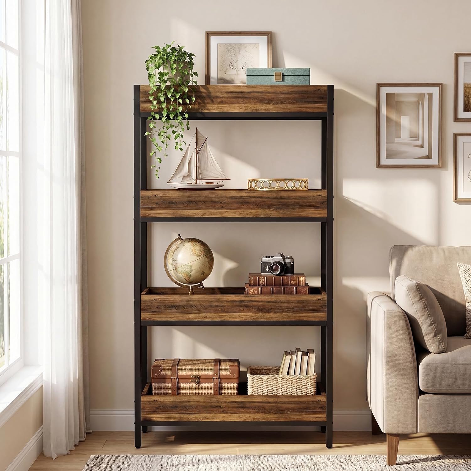 Tribesigns Boekenkast met 4 Planken - Industrieel Boekenkast met 4 haken - Bruin/Zwart - 74 x 30 x 140 cm