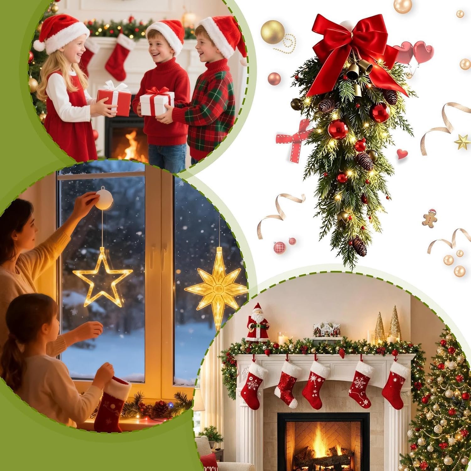 1 stuk - Kerstkrans - Kerstbelversiering - geschikt om op te hangen aan vloeren en deuren - strikversiering - Kerstdecoratie - met lichtjes - rood – foto 4