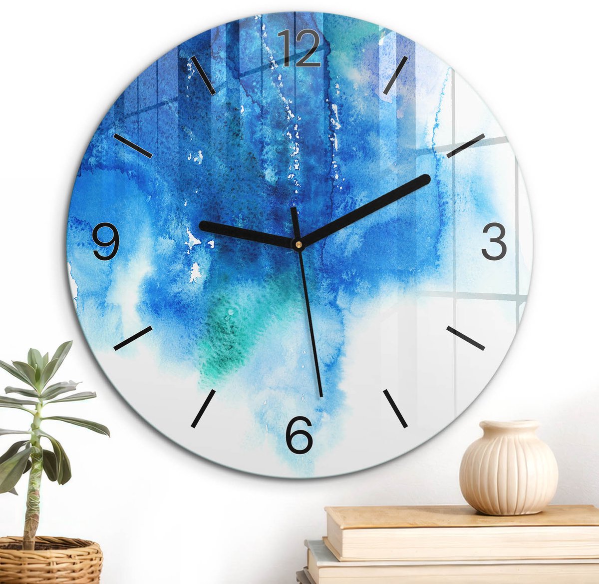 ArtPrintCave Blauw Glazen Klok - Wandklok 30 cm - Muurklok Rond - Aquarel Morsen Unieke Klok - Kunst Stille Wandklok - Zwarte Klokwijzers