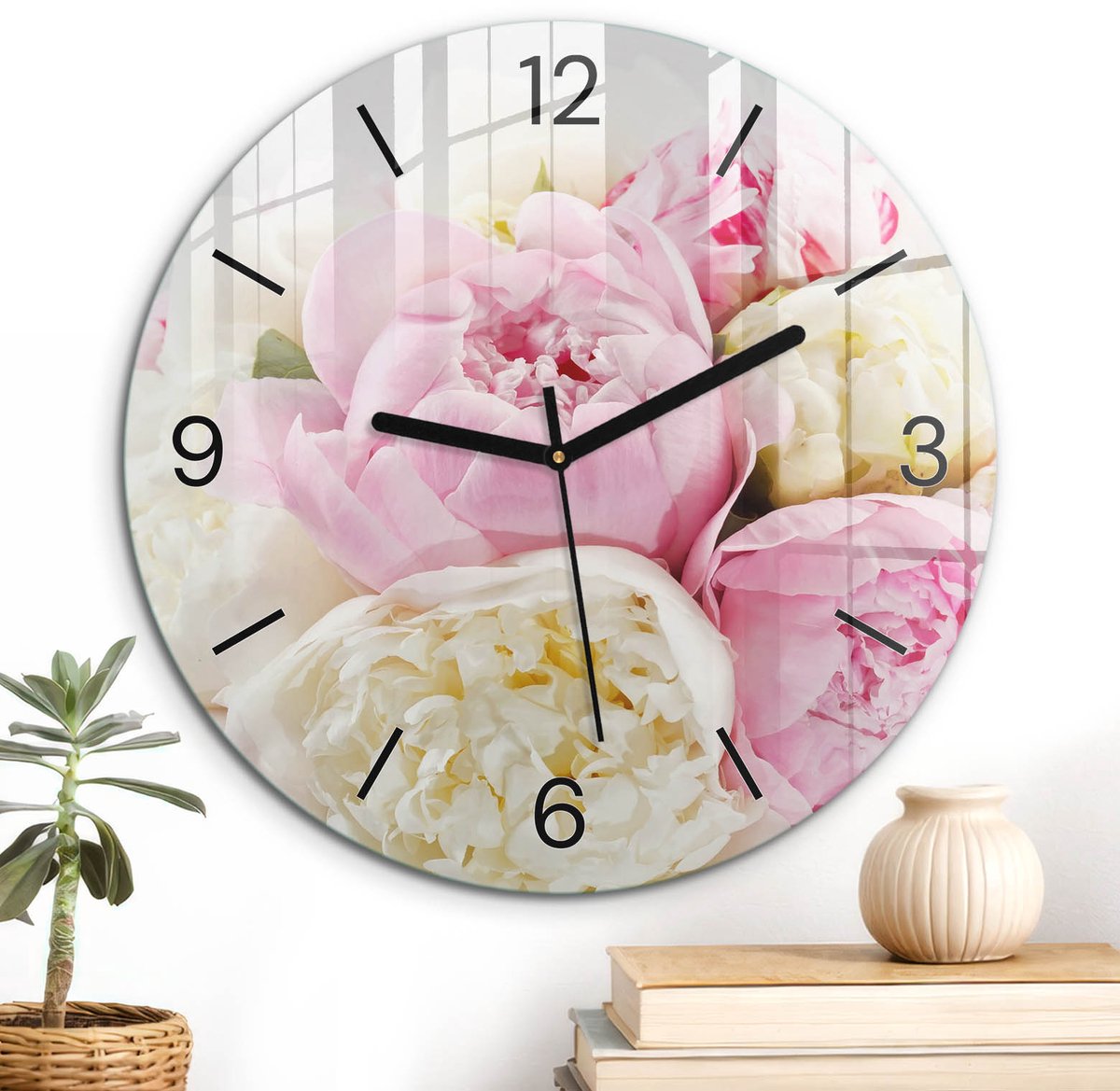 ArtPrintCave Roze Glazen Klok - Wandklok 30 cm - Muurklok Rond - Bloemenboeket Unieke Klok - Kunst Stille Wandklok - Zwarte Klokwijzers