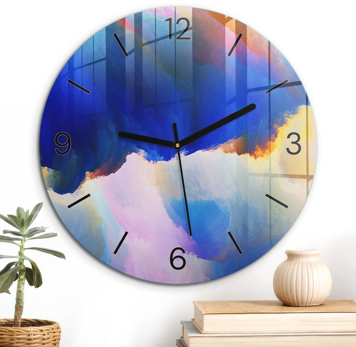 ArtPrintCave Blauw Glazen Klok - Wandklok 30 cm - Muurklok Rond - Dynamische Abstractie Stille Wandklok - Kunst Wandklok Keuken - Zwarte Klokwijzers