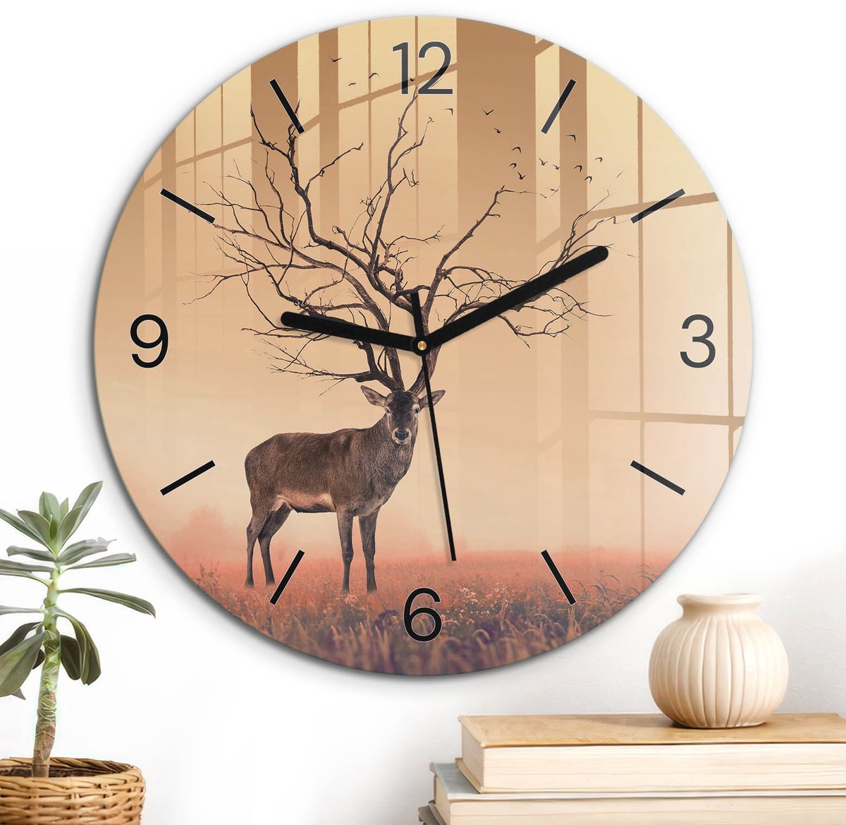ArtPrintCave Oranje Glazen Klok - Wandklok 30 cm - Muurklok Rond - Surrealistische Visie Unieke Klok - Natuur Stille Wandklok - Zwarte Klokwijzers