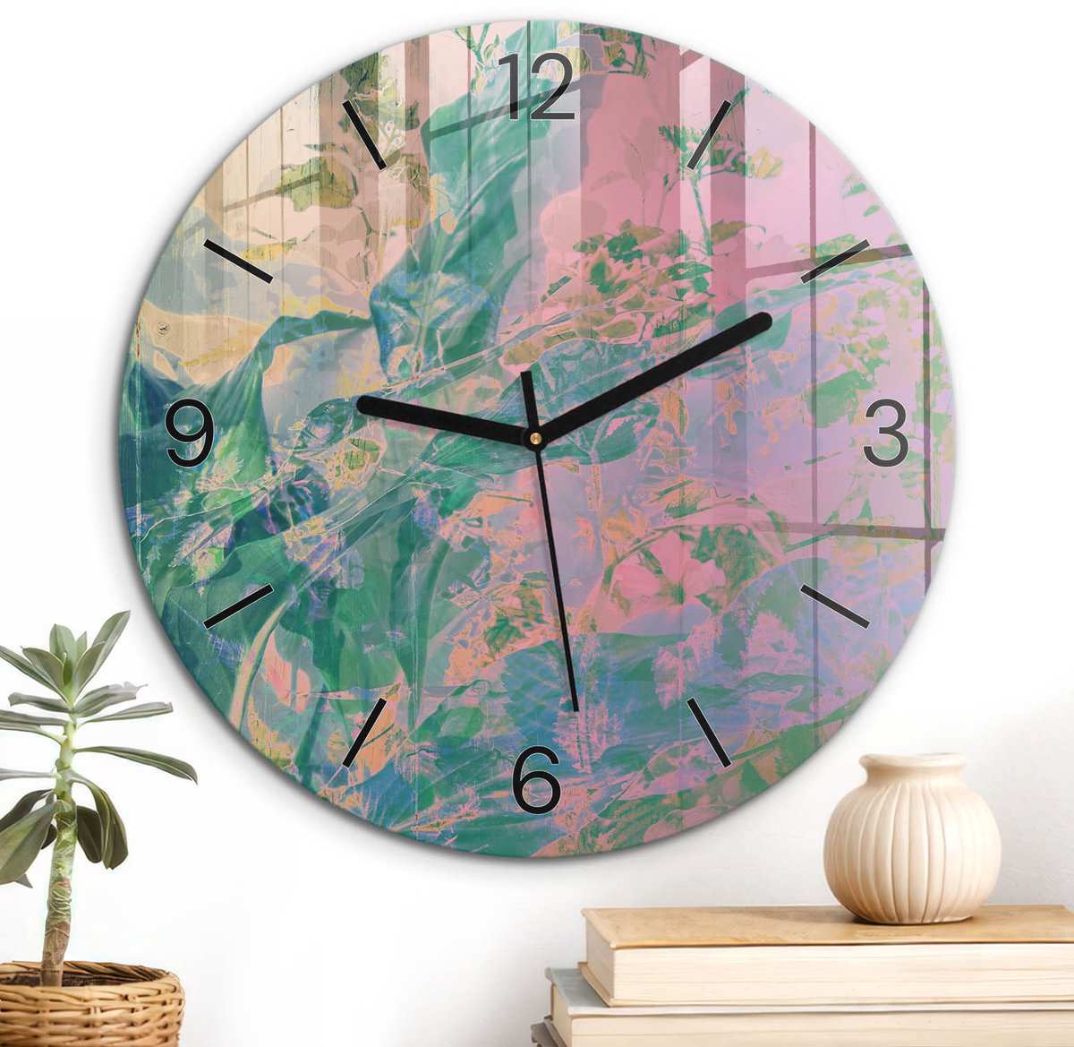 ArtPrintCave Roze Glazen Klok - Wandklok 30 cm - Muurklok Rond - Abstracte Bloemen Unieke Klok - Bloemen En Planten Stille Wandklok - Zwarte Klokwijzers
