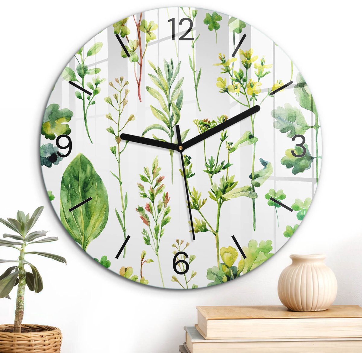 ArtPrintCave Groene Glazen Klok - Wandklok 30 cm - Muurklok Rond - Groene Planten Unieke Klok - Natuur Stille Wandklok - Zwarte Klokwijzers