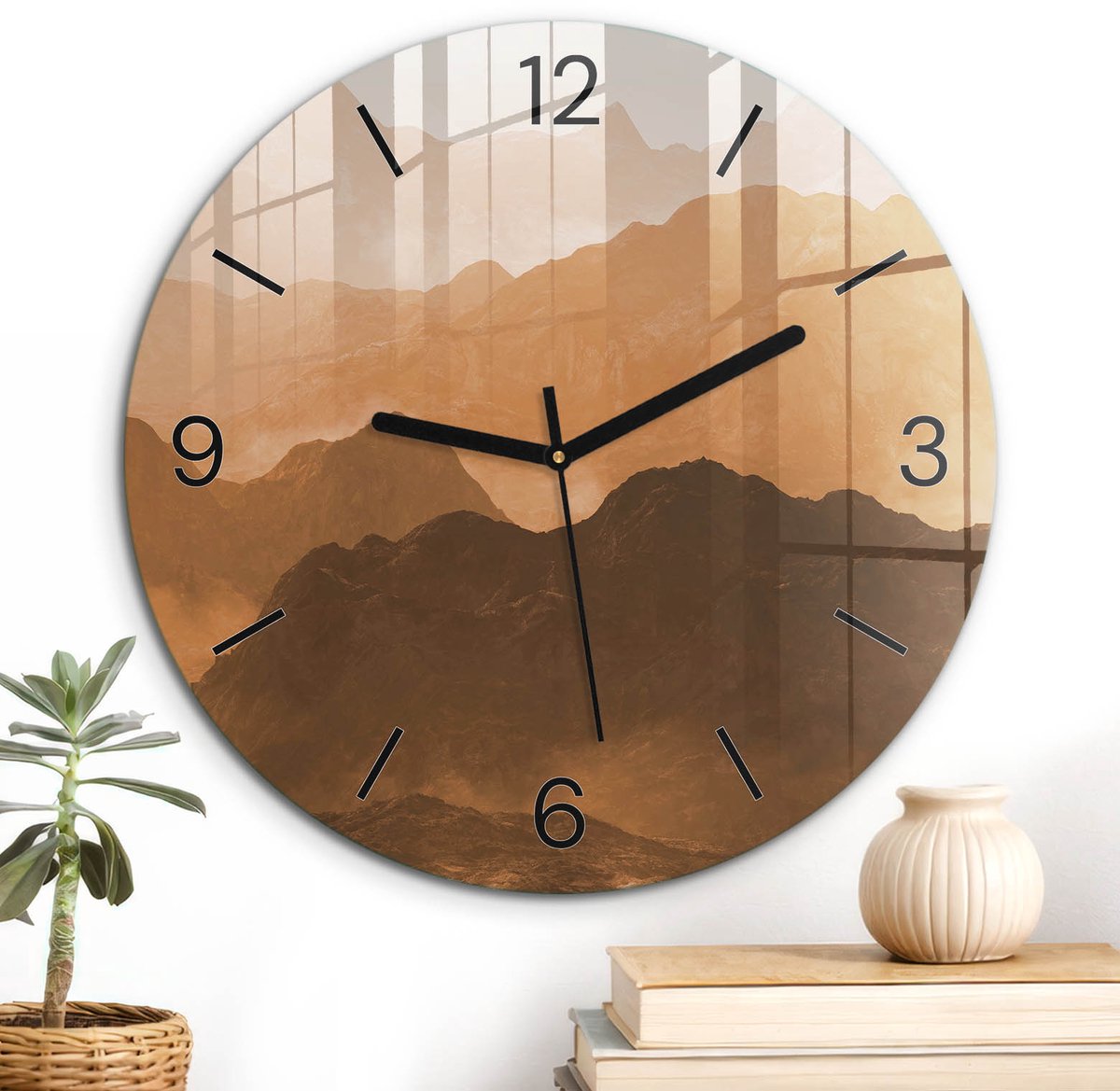 ArtPrintCave Oranje Glazen Klok - Wandklok 30 cm - Muurklok Rond - Bergpanorama Stille Wandklok - Natuur Wandklok Keuken - Zwarte Klokwijzers