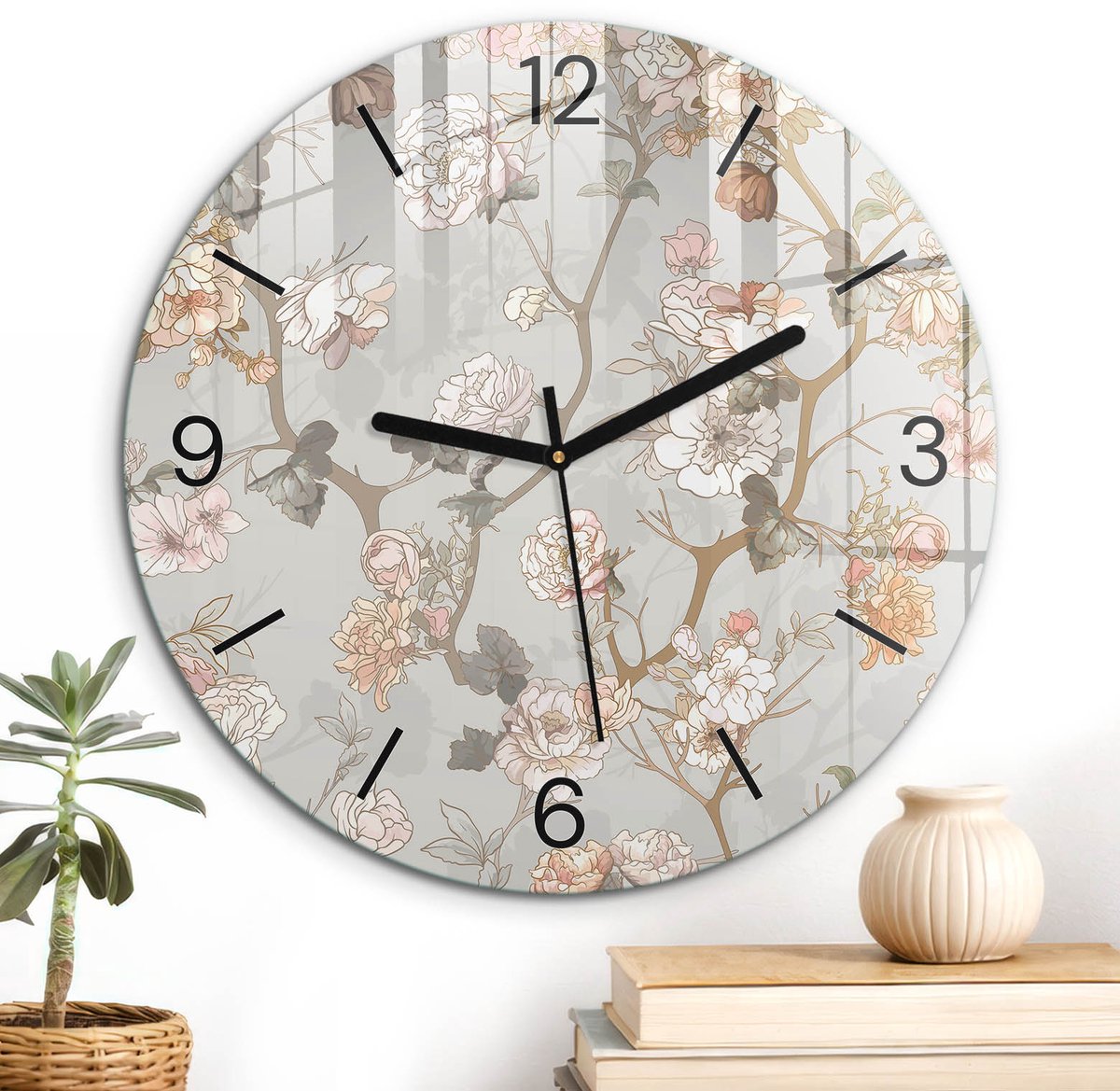 ArtPrintCave Grijs Glazen Klok - Wandklok 30 cm - Muurklok Rond - Vintage Bloemen Unieke Klok - Kunst Stille Wandklok - Zwarte Klokwijzers