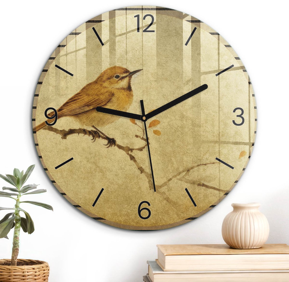 ArtPrintCave Beige Glazen Klok - Wandklok 30 cm - Muurklok Rond - Vogel Op Een Tak Unieke Klok - Natuur Stille Wandklok - Zwarte Klokwijzers